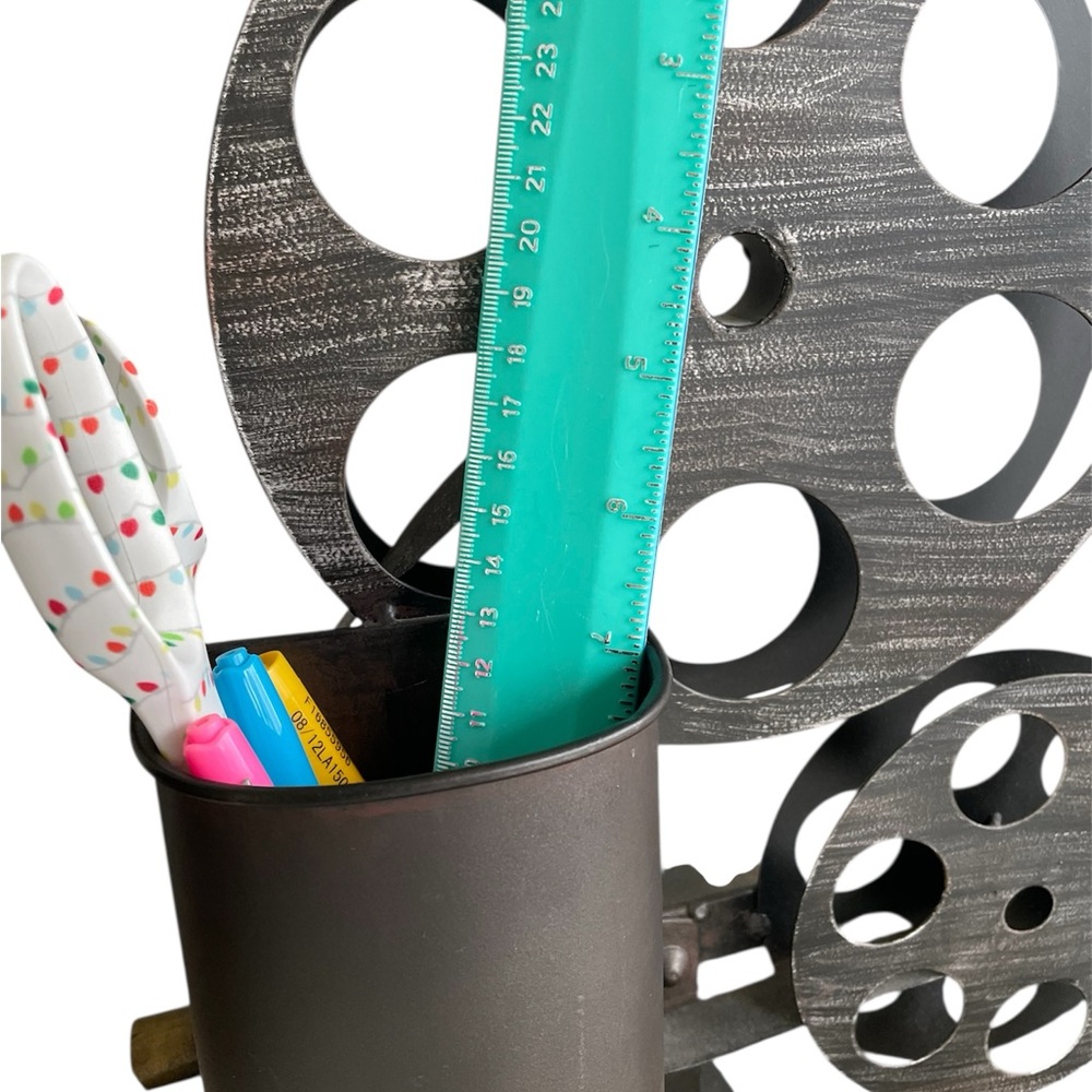 Vintage Movie Film Reel Style Desk Organizer Black Brown Metal - Picture 2 of 10